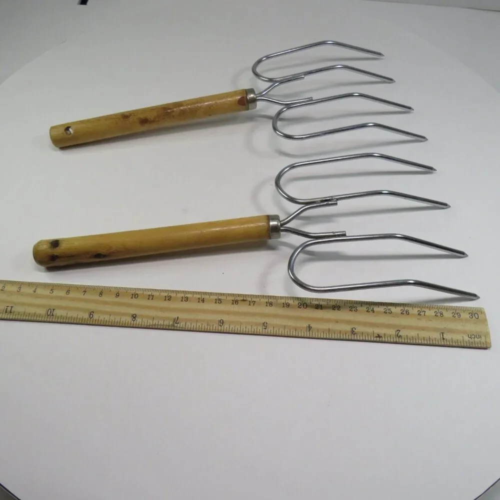 Vintage Steel Turkey Lifters / Meat Forks w Wooden Handle (set of 2)
